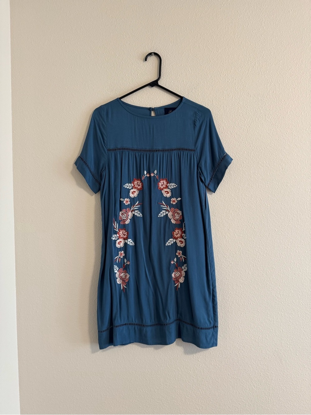 Blue Rain Teal Blue Mini Dress with Rose Embroidery